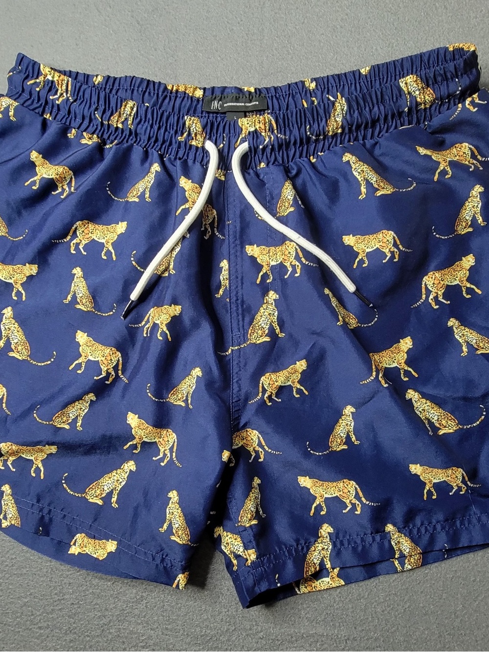 INC International Concepts Navy Swim Trunks with Gold Cheetah Print